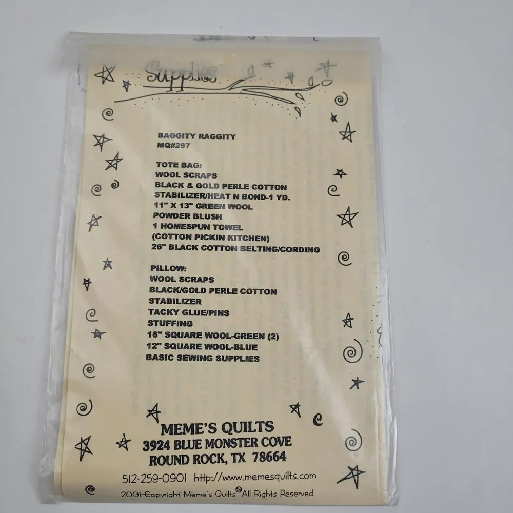 Vtg Meme's Quilts, Baggity Baggity, #297, uncut quilting pattern 11x13